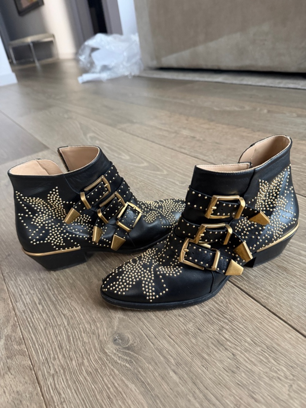Chloe Black Leather Studded Triple-Buckle Ankle Boots